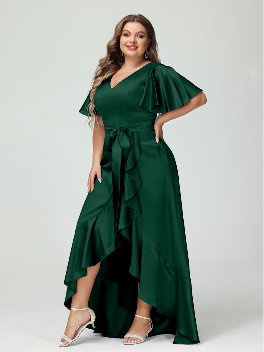 V-Neck Short Sleeve Asymmetrical Plus Size Dress with Ruffles, Pockets, and Sash