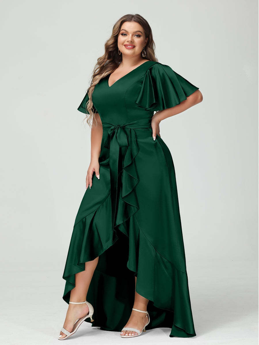V-Neck Short Sleeve Asymmetrical Plus Size Dress with Ruffles, Pockets, and Sash