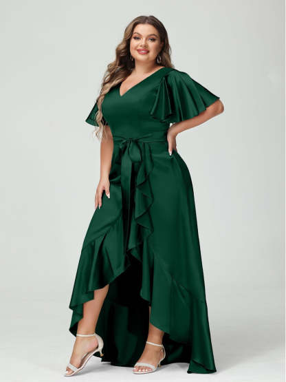 V-Neck Short Sleeve Asymmetrical Plus Size Dress with Ruffles, Pockets, and Sash