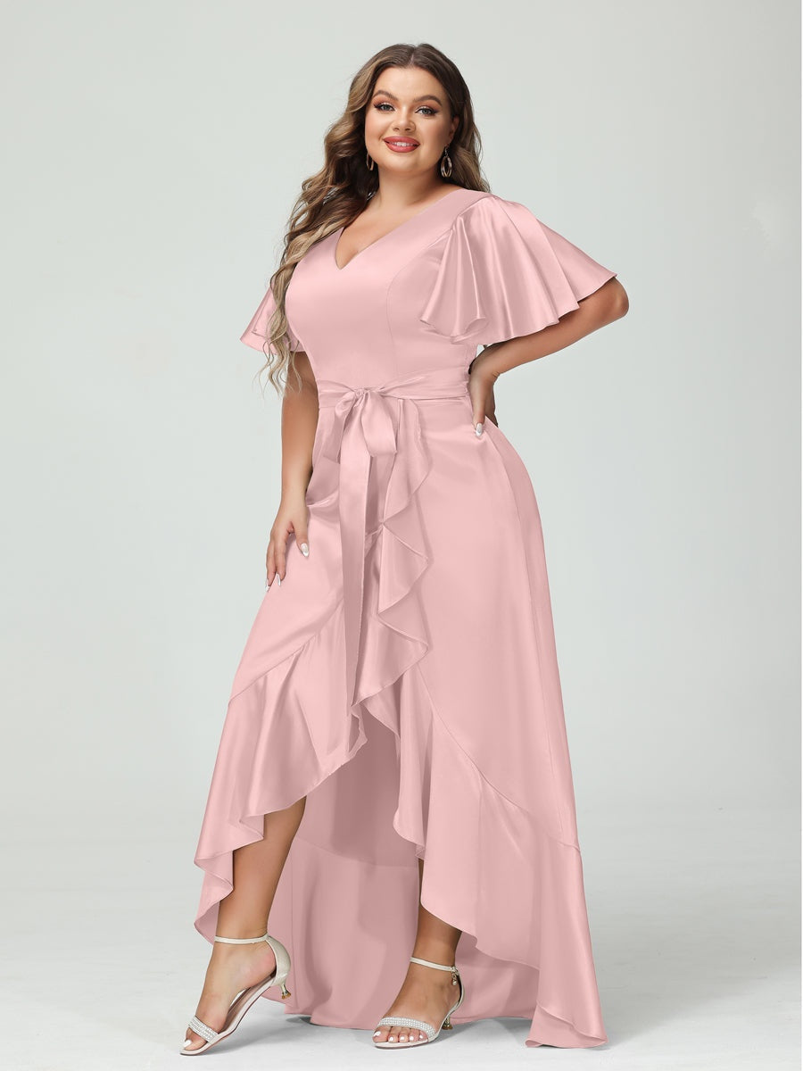V-Neck Short Sleeve Asymmetrical Plus Size Dress with Ruffles, Pockets, and Sash