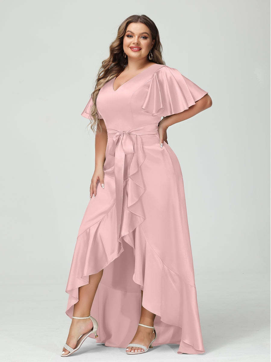 V-Neck Short Sleeve Asymmetrical Plus Size Dress with Ruffles, Pockets, and Sash