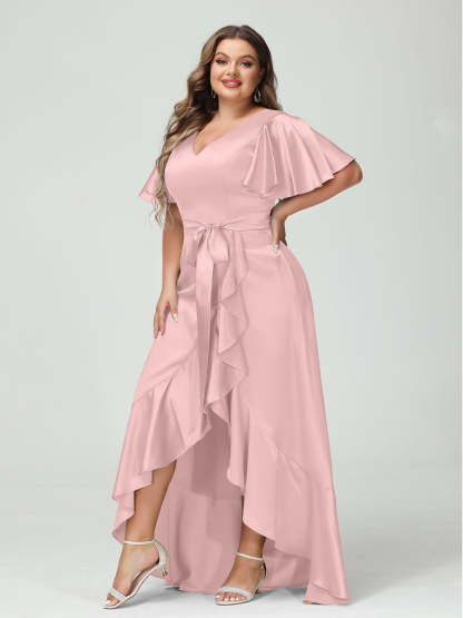V-Neck Short Sleeve Asymmetrical Plus Size Dress with Ruffles, Pockets, and Sash