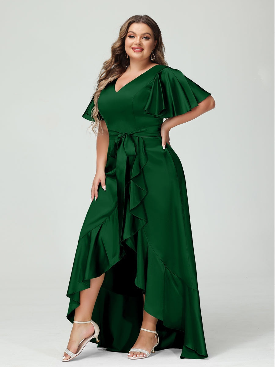 V-Neck Short Sleeve Asymmetrical Plus Size Dress with Ruffles, Pockets, and Sash
