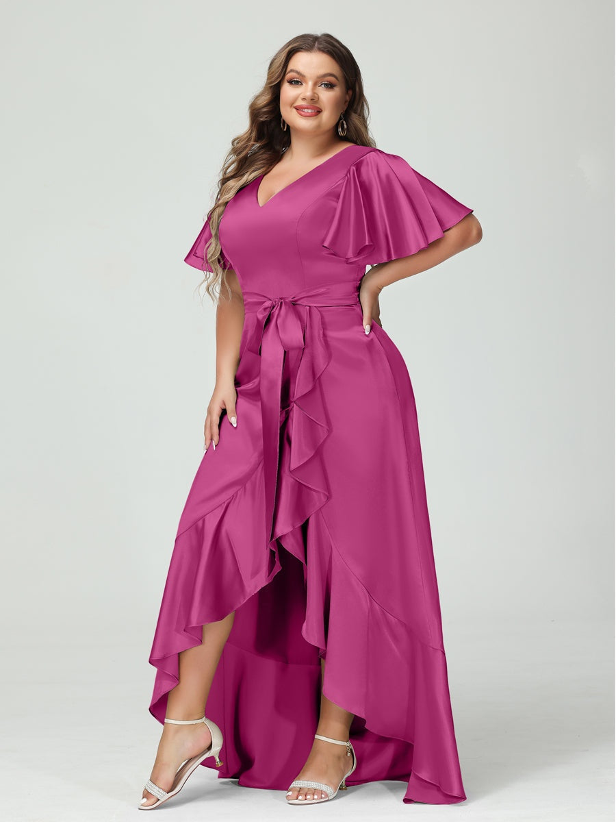 V-Neck Short Sleeve Asymmetrical Plus Size Dress with Ruffles, Pockets, and Sash