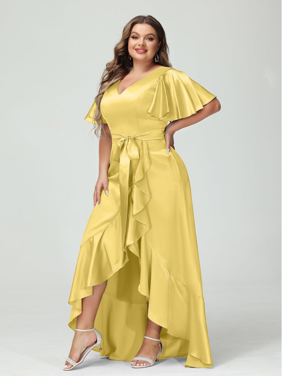 V-Neck Short Sleeve Asymmetrical Plus Size Dress with Ruffles, Pockets, and Sash