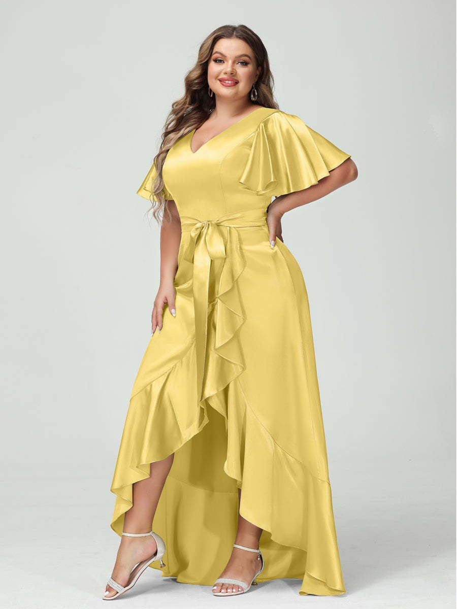 V-Neck Short Sleeve Asymmetrical Plus Size Dress with Ruffles, Pockets, and Sash
