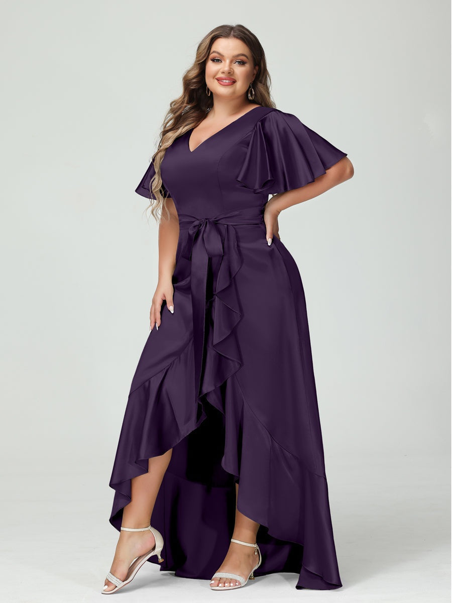 V-Neck Short Sleeve Asymmetrical Plus Size Dress with Ruffles, Pockets, and Sash