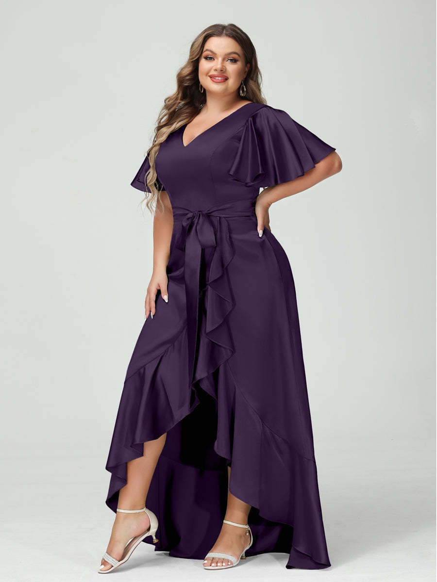 V-Neck Short Sleeve Asymmetrical Plus Size Dress with Ruffles, Pockets, and Sash
