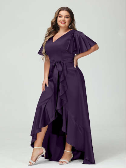 V-Neck Short Sleeve Asymmetrical Plus Size Dress with Ruffles, Pockets, and Sash