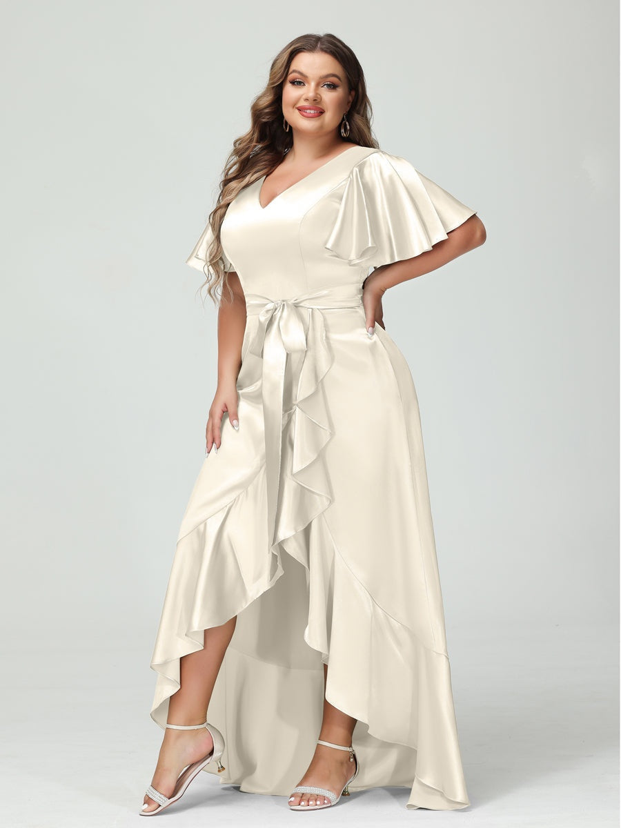 V-Neck Short Sleeve Asymmetrical Plus Size Dress with Ruffles, Pockets, and Sash