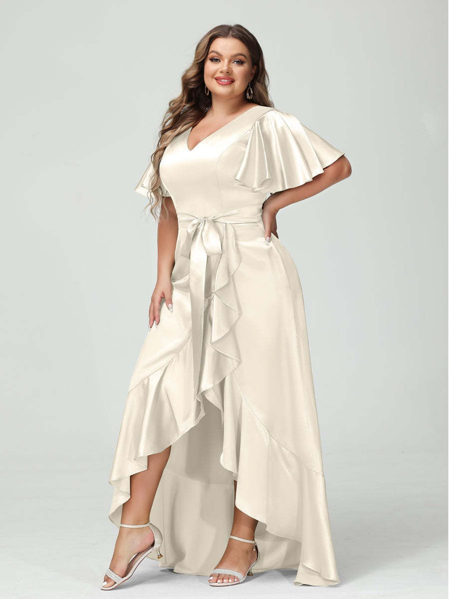 V-Neck Short Sleeve Asymmetrical Plus Size Dress with Ruffles, Pockets, and Sash