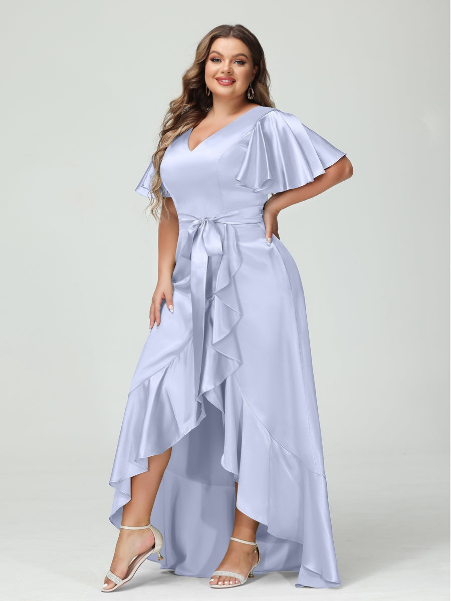 V-Neck Short Sleeve Asymmetrical Plus Size Dress with Ruffles, Pockets, and Sash