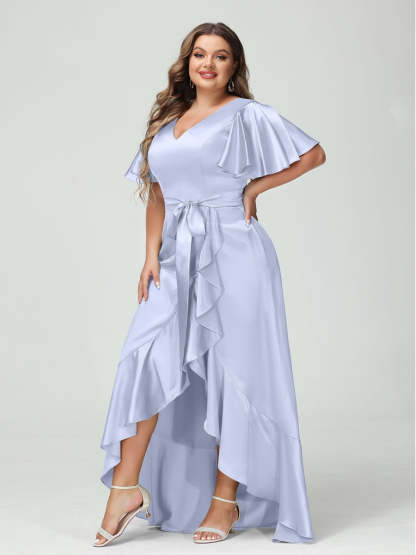V-Neck Short Sleeve Asymmetrical Plus Size Dress with Ruffles, Pockets, and Sash