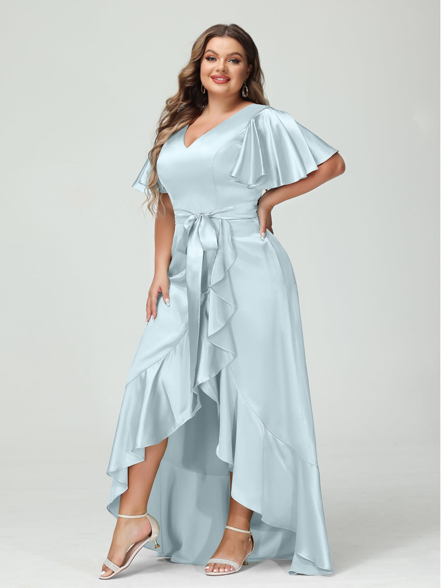 V-Neck Short Sleeve Asymmetrical Plus Size Dress with Ruffles, Pockets, and Sash