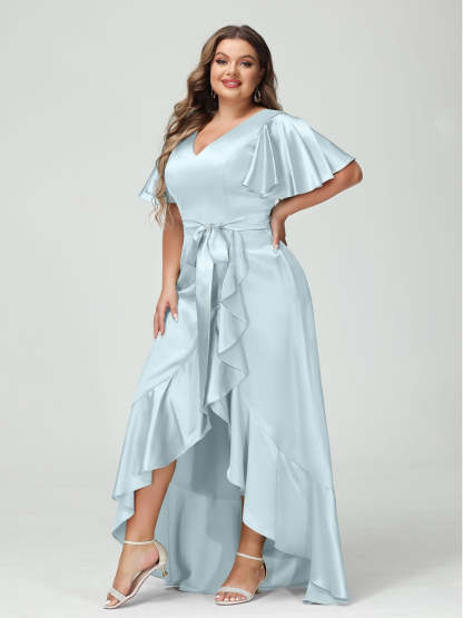 V-Neck Short Sleeve Asymmetrical Plus Size Dress with Ruffles, Pockets, and Sash