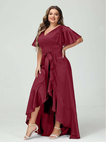 V-Neck Short Sleeve Asymmetrical Plus Size Dress with Ruffles, Pockets, and Sash