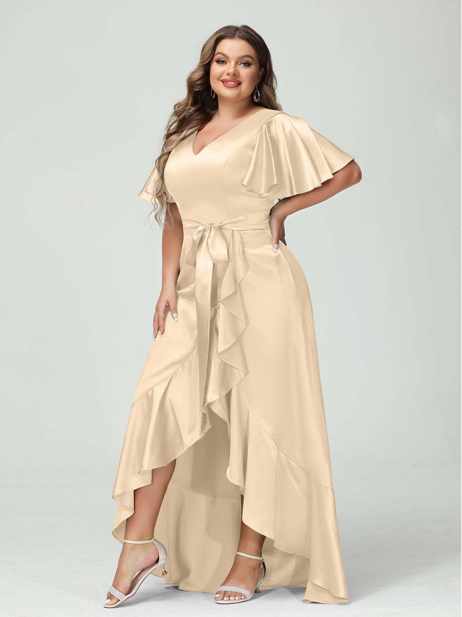 V-Neck Short Sleeve Asymmetrical Plus Size Dress with Ruffles, Pockets, and Sash