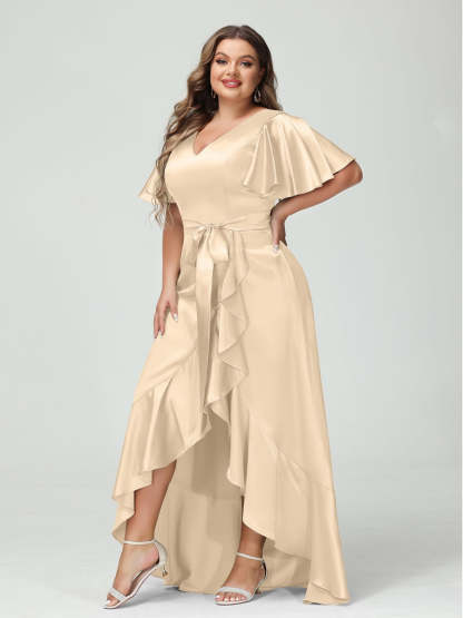 V-Neck Short Sleeve Asymmetrical Plus Size Dress with Ruffles, Pockets, and Sash