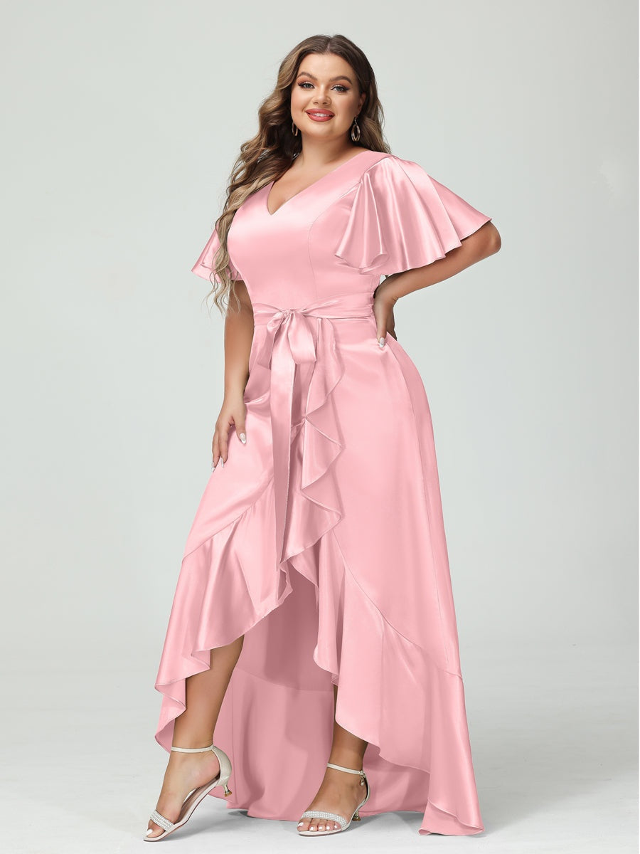 V-Neck Short Sleeve Asymmetrical Plus Size Dress with Ruffles, Pockets, and Sash
