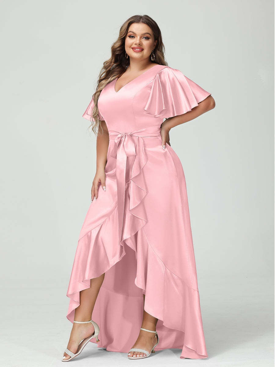 V-Neck Short Sleeve Asymmetrical Plus Size Dress with Ruffles, Pockets, and Sash