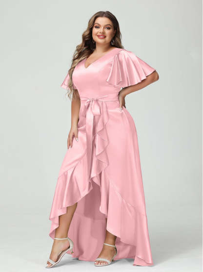 V-Neck Short Sleeve Asymmetrical Plus Size Dress with Ruffles, Pockets, and Sash