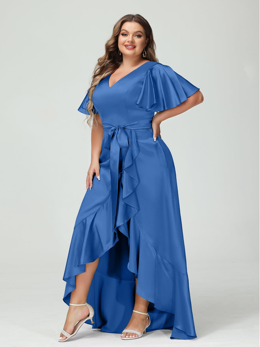 V-Neck Short Sleeve Asymmetrical Plus Size Dress with Ruffles, Pockets, and Sash