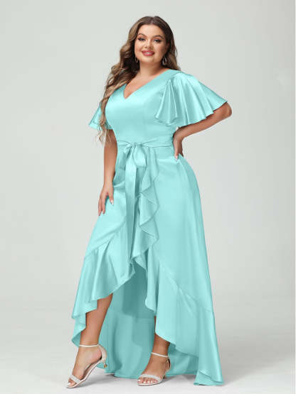 V-Neck Short Sleeve Asymmetrical Plus Size Dress with Ruffles, Pockets, and Sash