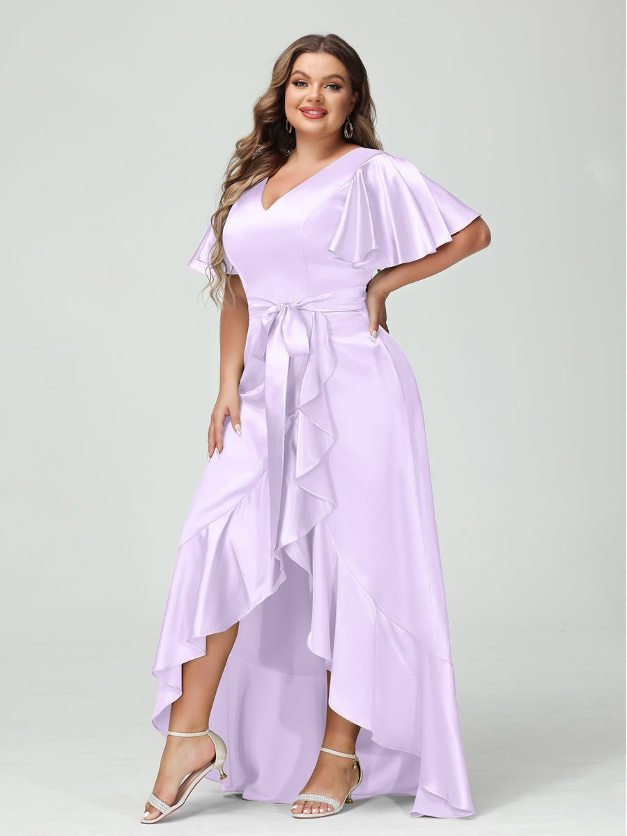V-Neck Short Sleeve Asymmetrical Plus Size Dress with Ruffles, Pockets, and Sash