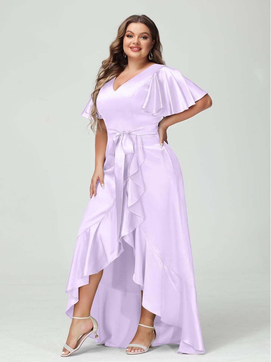 V-Neck Short Sleeve Asymmetrical Plus Size Dress with Ruffles, Pockets, and Sash