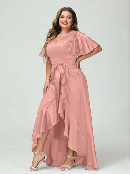 V-Neck Short Sleeve Asymmetrical Plus Size Dress with Ruffles, Pockets, and Sash