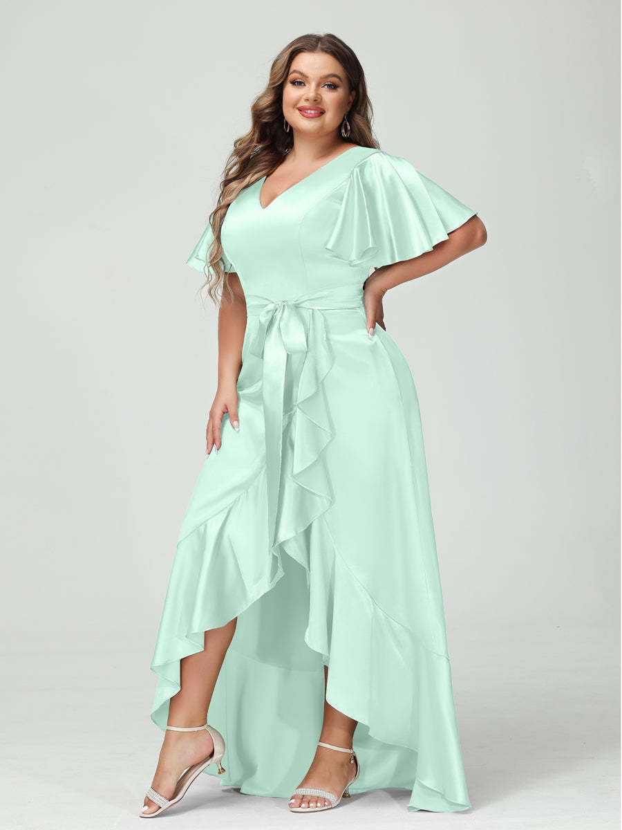 V-Neck Short Sleeve Asymmetrical Plus Size Dress with Ruffles, Pockets, and Sash
