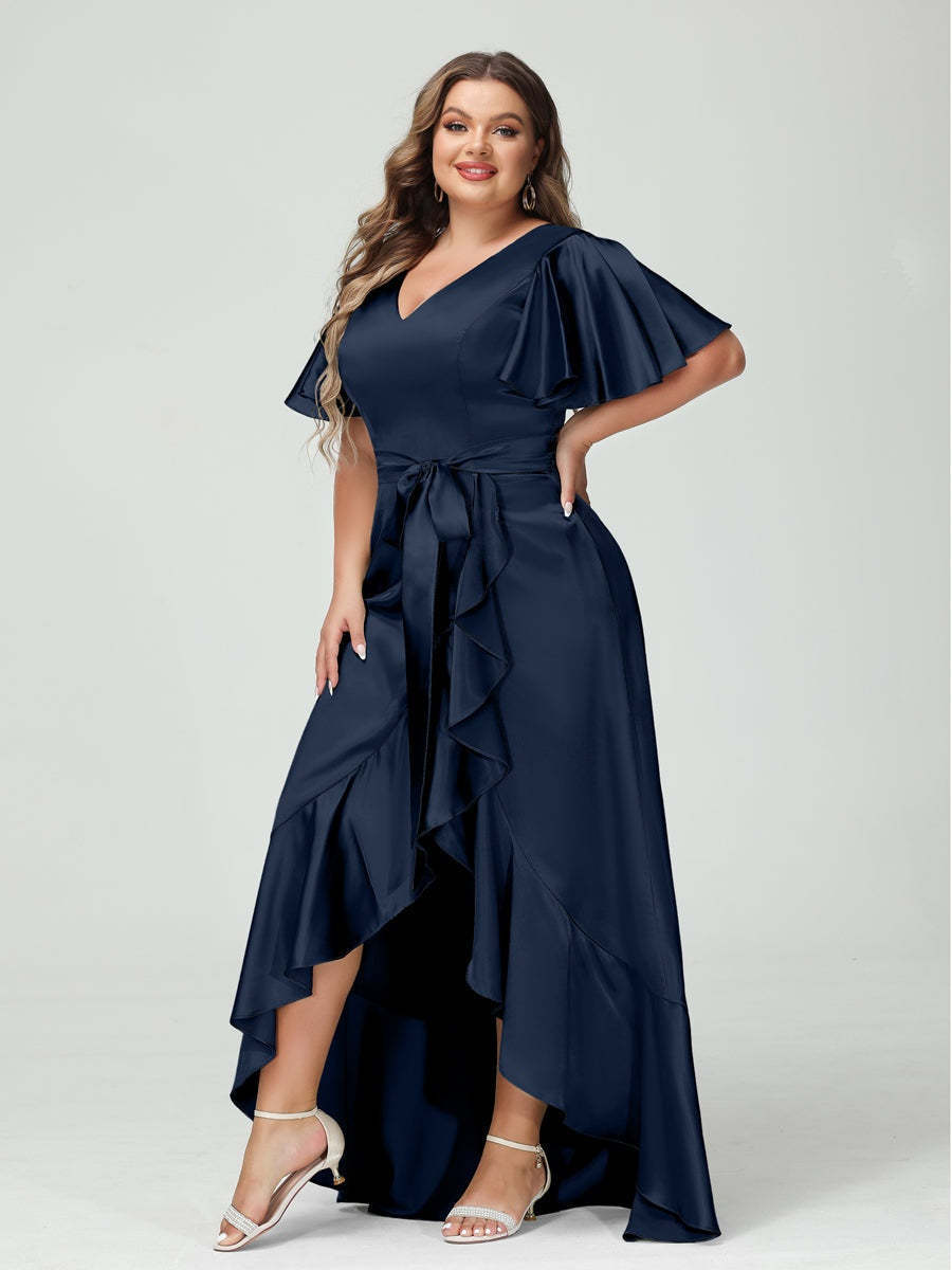 V-Neck Short Sleeve Asymmetrical Plus Size Dress with Ruffles, Pockets, and Sash