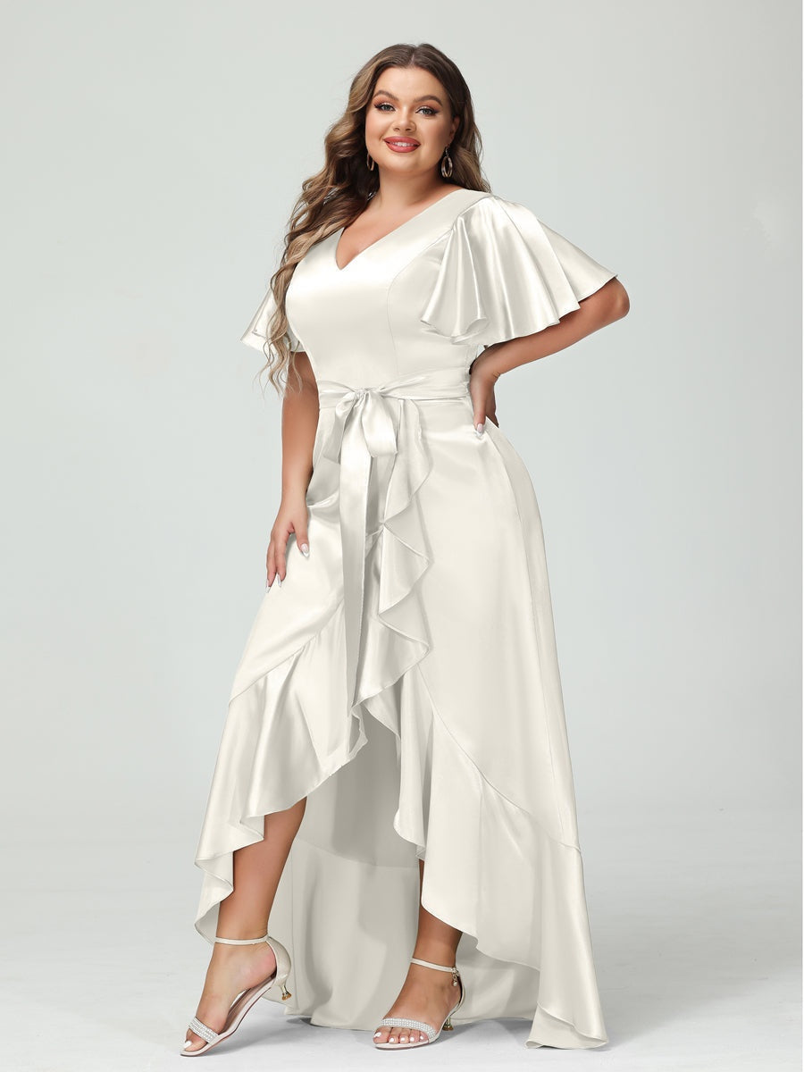 V-Neck Short Sleeve Asymmetrical Plus Size Dress with Ruffles, Pockets, and Sash
