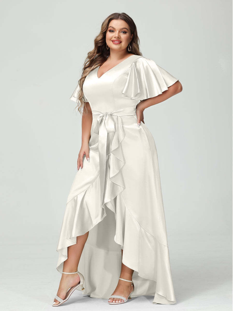 V-Neck Short Sleeve Asymmetrical Plus Size Dress with Ruffles, Pockets, and Sash