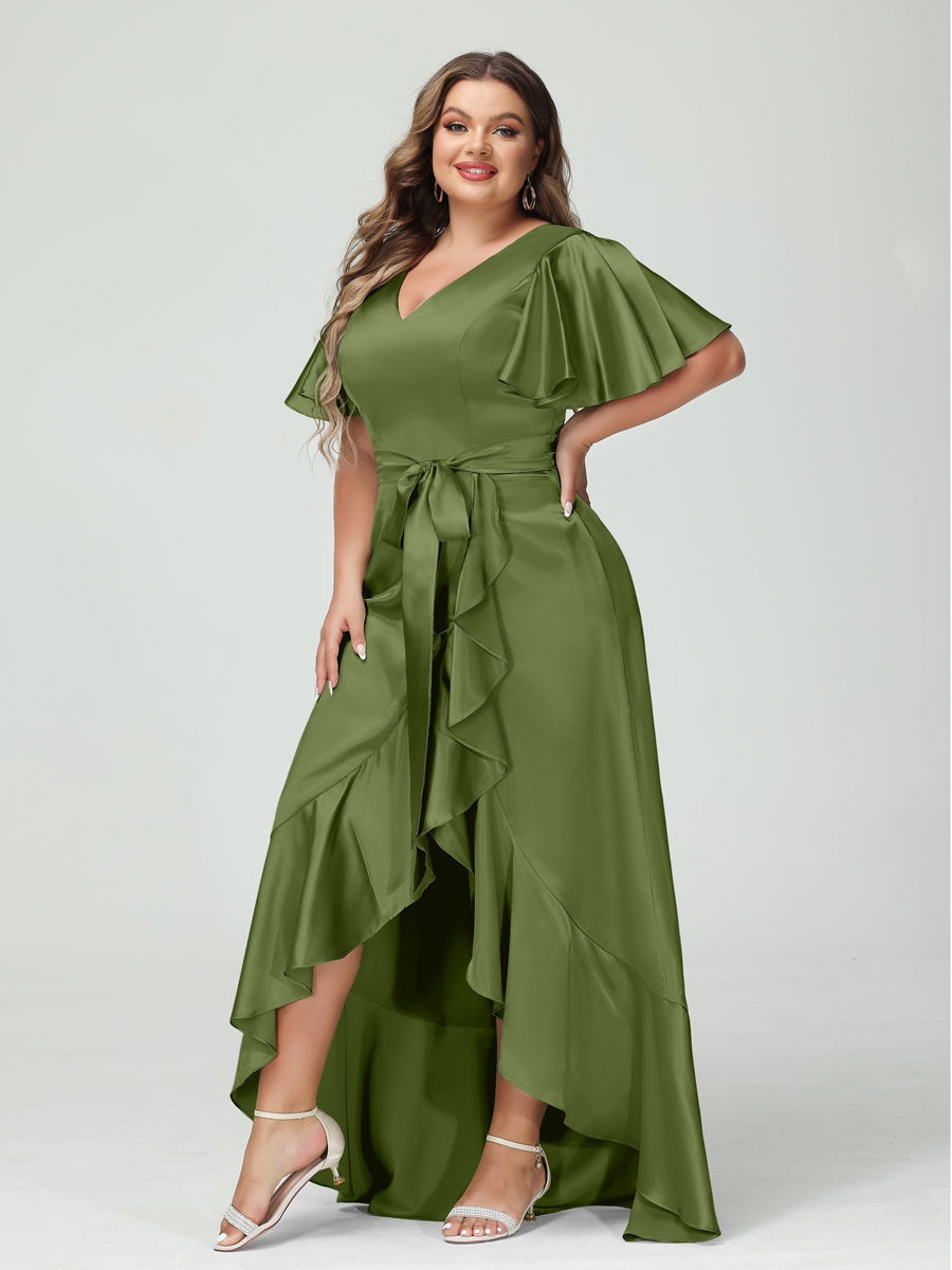 V-Neck Short Sleeve Asymmetrical Plus Size Dress with Ruffles, Pockets, and Sash