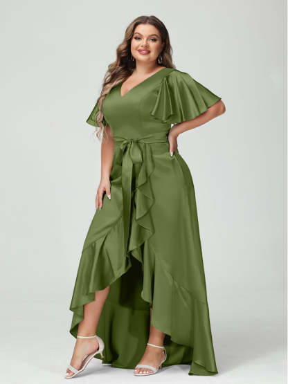 V-Neck Short Sleeve Asymmetrical Plus Size Dress with Ruffles, Pockets, and Sash