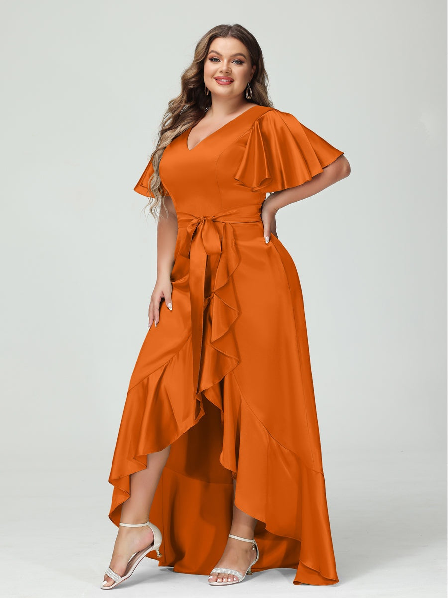 V-Neck Short Sleeve Asymmetrical Plus Size Dress with Ruffles, Pockets, and Sash