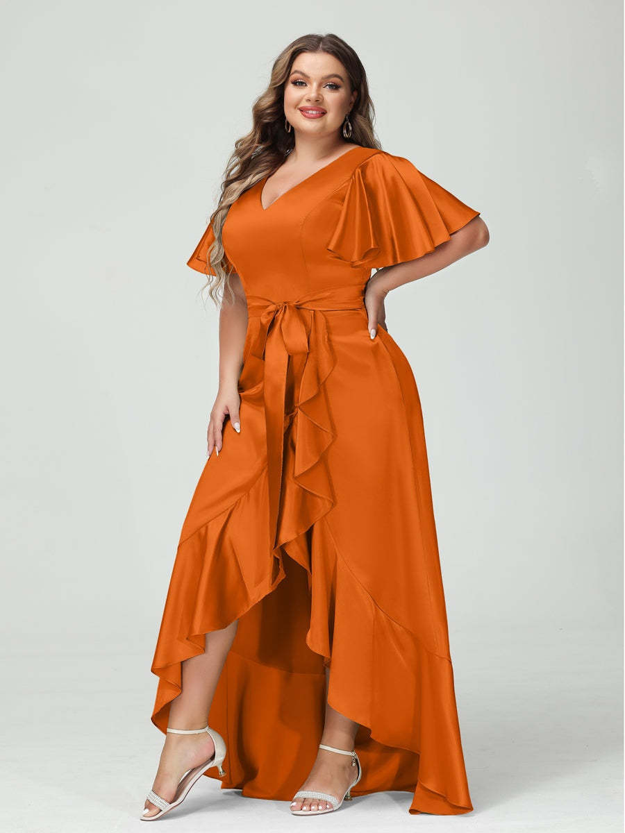 V-Neck Short Sleeve Asymmetrical Plus Size Dress with Ruffles, Pockets, and Sash