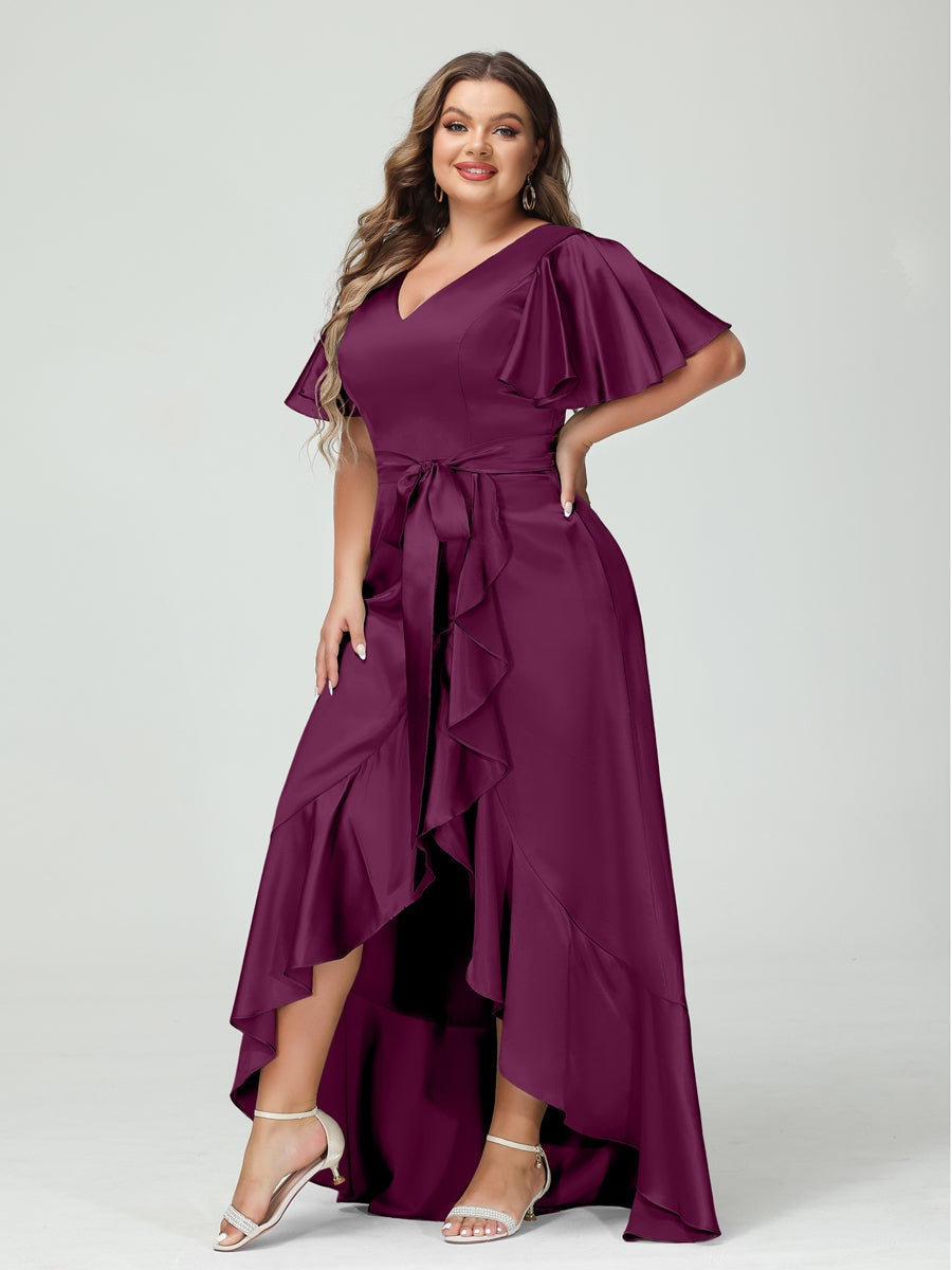 V-Neck Short Sleeve Asymmetrical Plus Size Dress with Ruffles, Pockets, and Sash