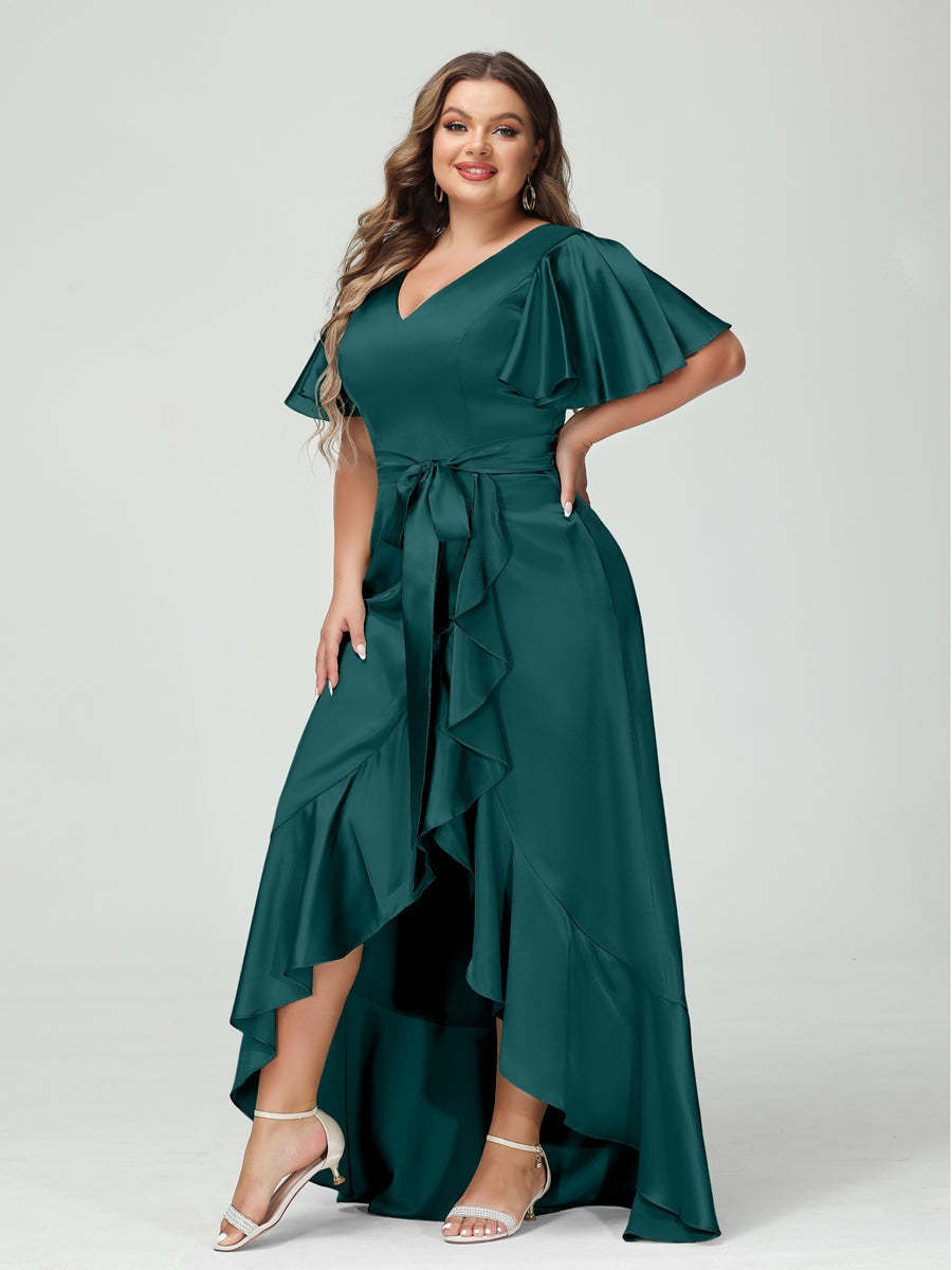 V-Neck Short Sleeve Asymmetrical Plus Size Dress with Ruffles, Pockets, and Sash