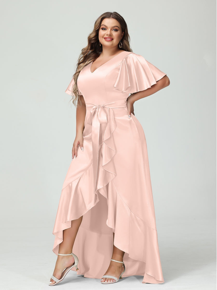 V-Neck Short Sleeve Asymmetrical Plus Size Dress with Ruffles, Pockets, and Sash