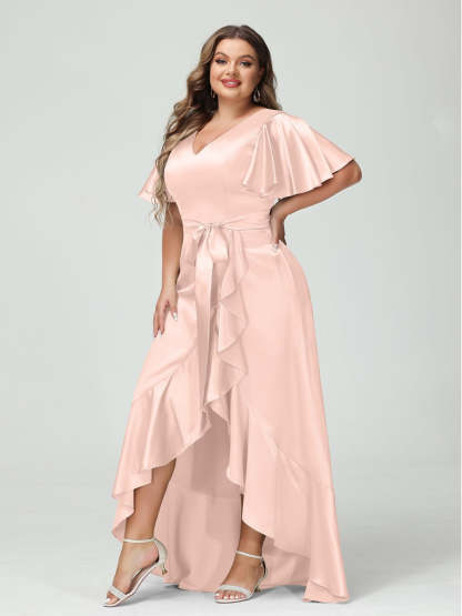 V-Neck Short Sleeve Asymmetrical Plus Size Dress with Ruffles, Pockets, and Sash
