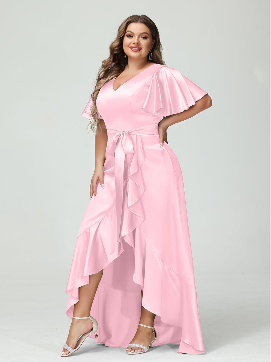 V-Neck Short Sleeve Asymmetrical Plus Size Dress with Ruffles, Pockets, and Sash