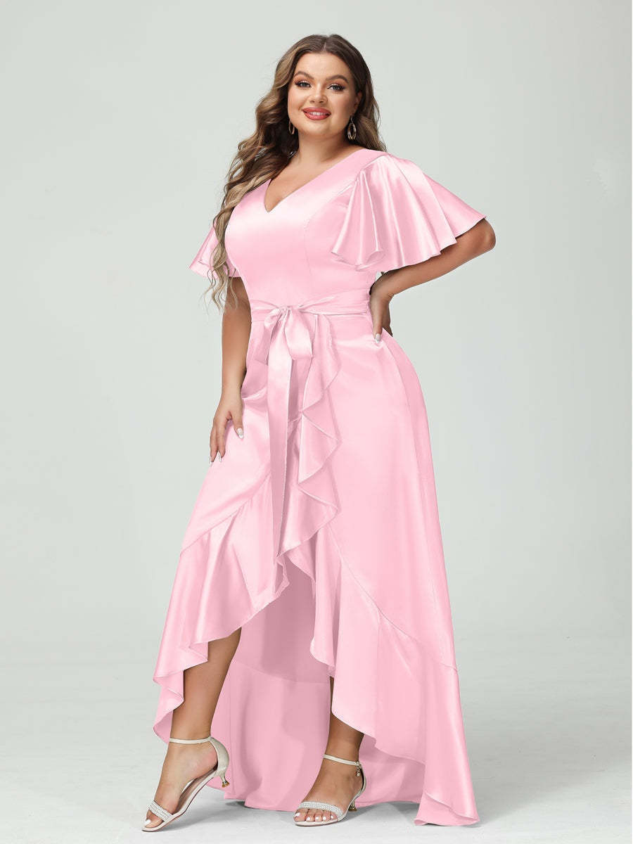 V-Neck Short Sleeve Asymmetrical Plus Size Dress with Ruffles, Pockets, and Sash