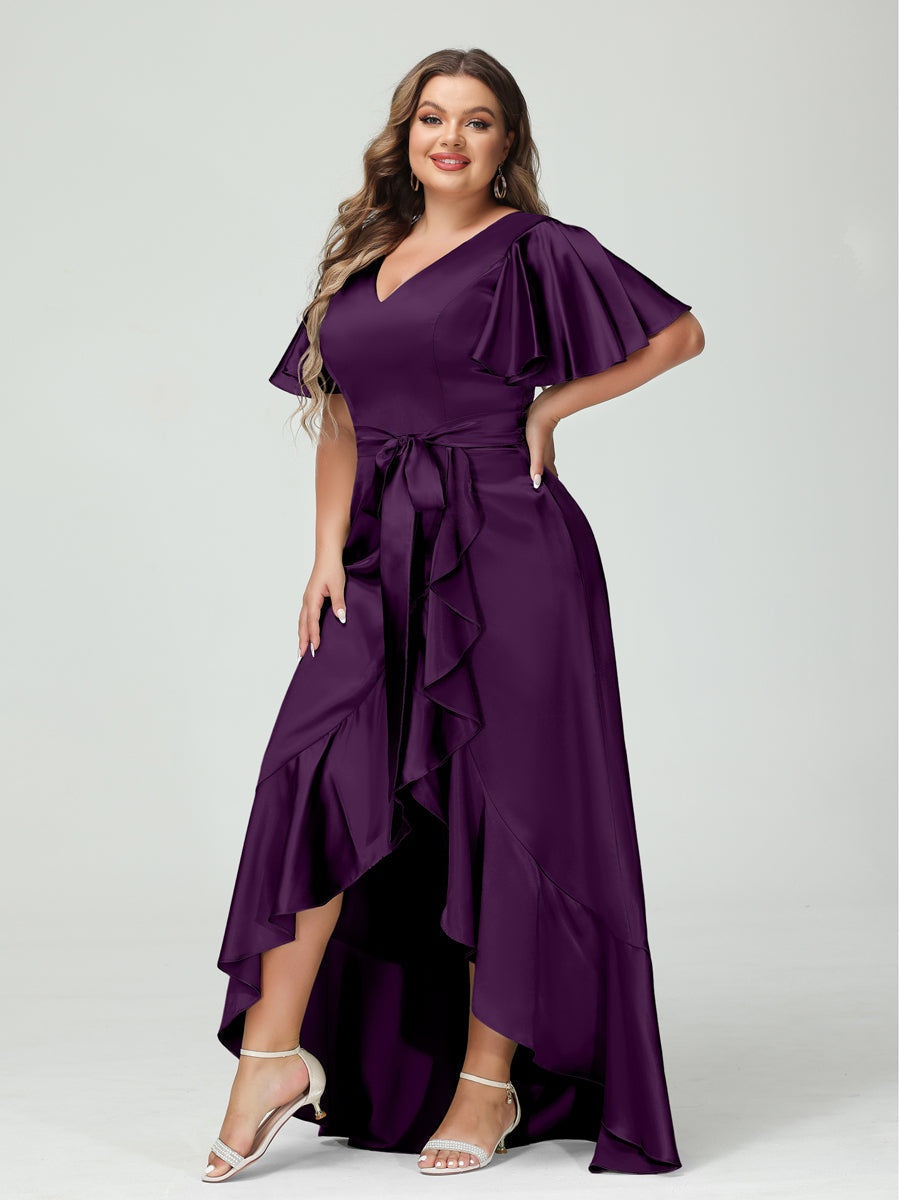V-Neck Short Sleeve Asymmetrical Plus Size Dress with Ruffles, Pockets, and Sash