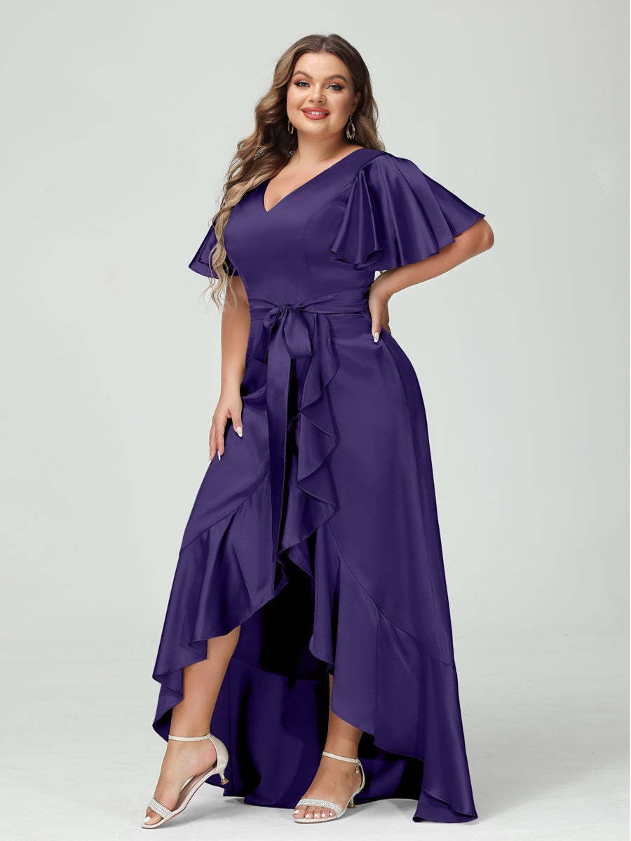 V-Neck Short Sleeve Asymmetrical Plus Size Dress with Ruffles, Pockets, and Sash