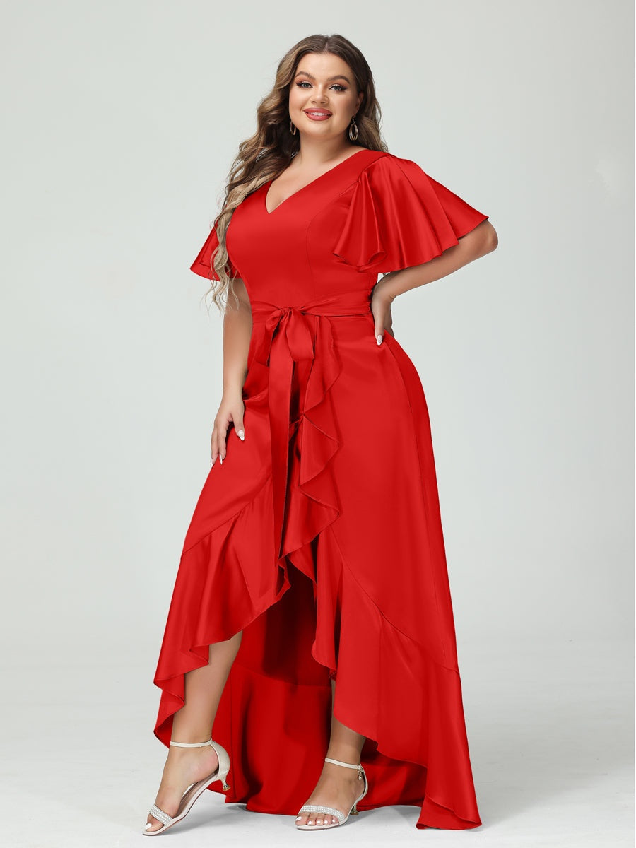 V-Neck Short Sleeve Asymmetrical Plus Size Dress with Ruffles, Pockets, and Sash