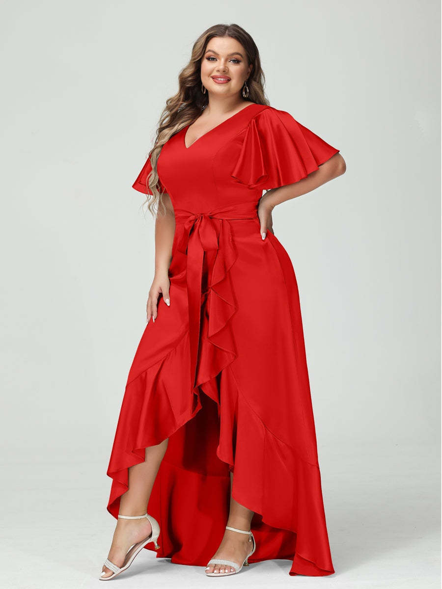 V-Neck Short Sleeve Asymmetrical Plus Size Dress with Ruffles, Pockets, and Sash