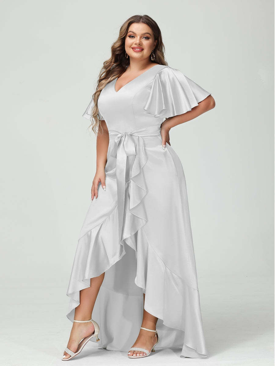 V-Neck Short Sleeve Asymmetrical Plus Size Dress with Ruffles, Pockets, and Sash