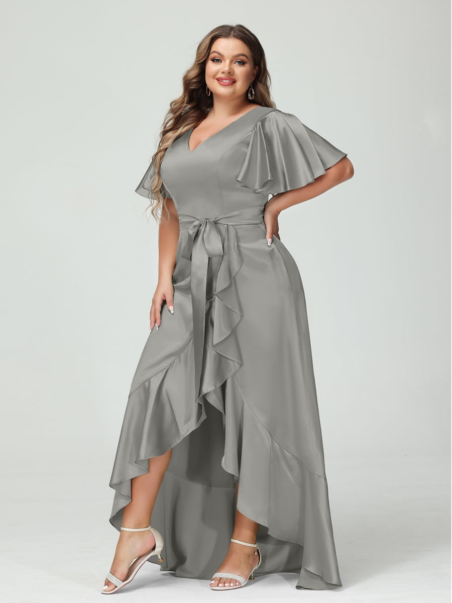 V-Neck Short Sleeve Asymmetrical Plus Size Dress with Ruffles, Pockets, and Sash